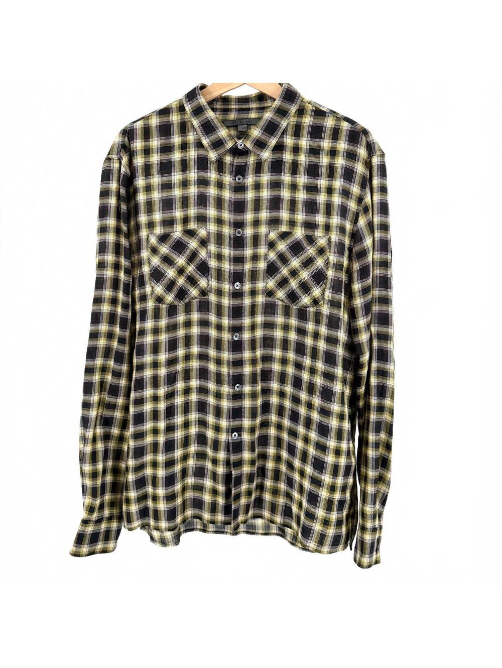 John Varvatos Black Yellow Plaid Grunge Two Pocket Shirt